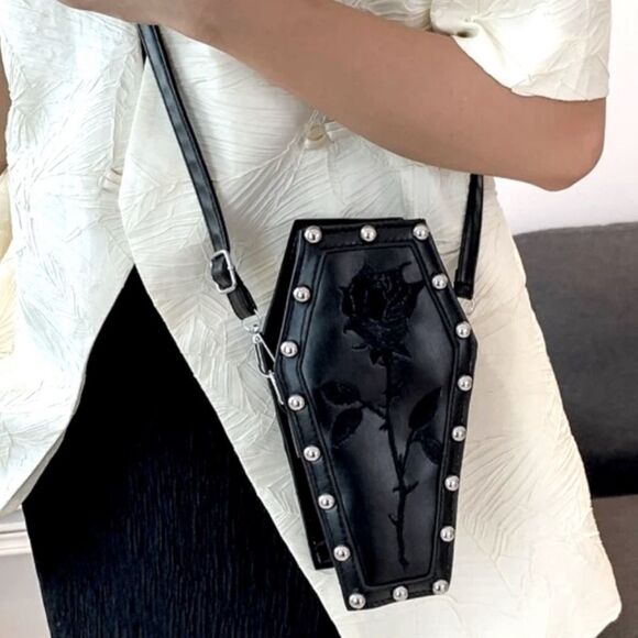 XMAS SALE Black Leather Goth Embroidered Rose Studded Coffin Purse - Picture 2 of 6